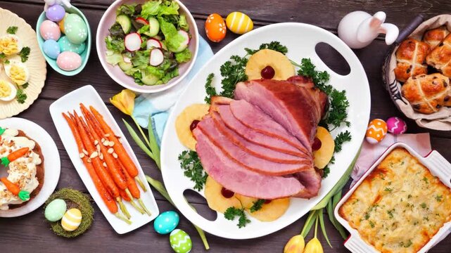 Traditional Easter ham dinner. Slow rotating zoom motion. Top down view table scene on a dark wood background.