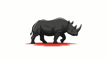 Obraz premium A powerful, dark gray rhinoceros walks across a red, textured surface with white background