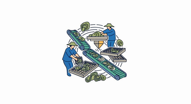 Workers process shellfish on a conveyor belt and in trays, with stacked containers