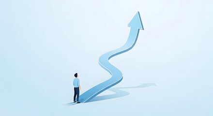 Obraz premium A man stands looking at a large light blue wavy arrow pointing upwards on a pale blue background
