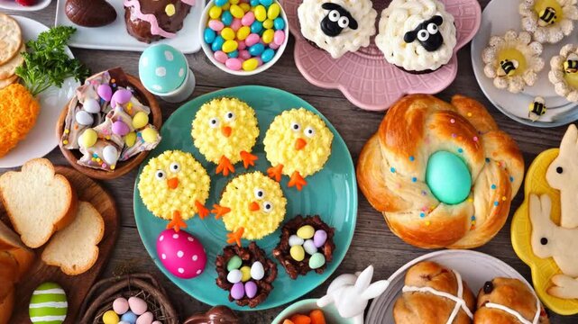 Easter table scene with a variety of breads, desserts and treats. Slow rotating zoom motion. Top down view over a dark wood background. Spring holiday food concept.