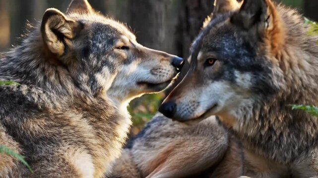 Two wolves resting closely together in a lush green forest, showing affection and companionship.