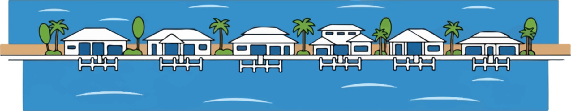 A row of stilted houses with palm trees and docks on a vibrant blue water expanse