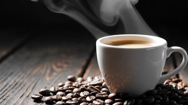 Steaming hot cup of fresh espresso on a pile of roasted coffee beans. Cinemagraph of a warm morning drink on a wooden table with copy space