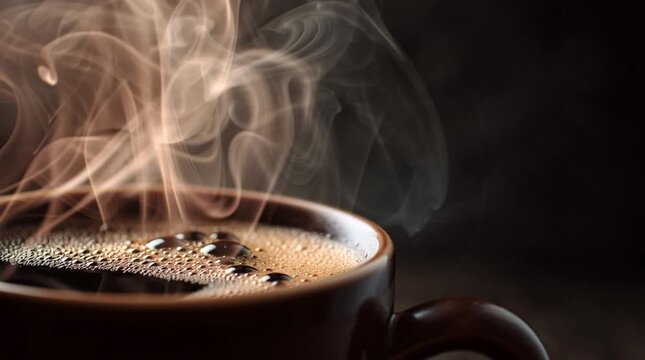 Close-up of a coffee cup with thick steam rising, liquid surface subtly vibrating. Warmth and aroma implied through texture, light, and intimate macro detail.
