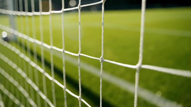 Close-up of a white soccer goal net on a green field. Football mesh texture swaying in the breeze with a blurred stadium background. Sports and competition concept