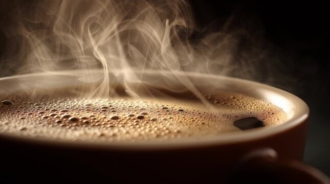 Close-up of a coffee cup with thick steam rising, liquid surface subtly vibrating. Warmth and aroma implied through texture, light, and intimate macro detail.
