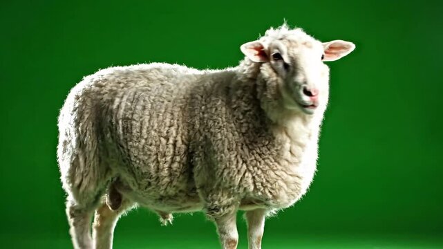 A fluffy white sheep stands in profile against a vibrant green backdrop