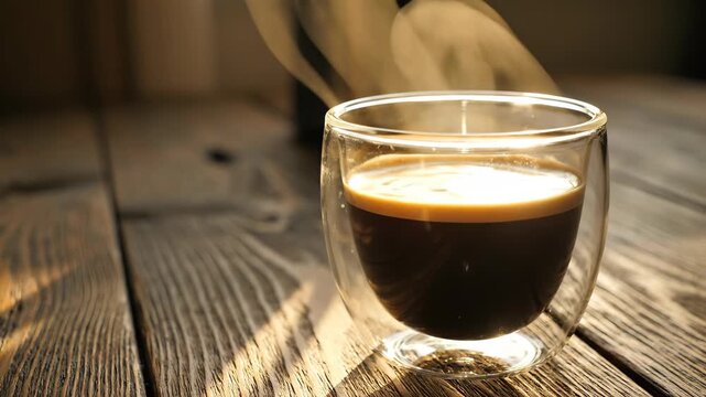 Hot steaming espresso in a glass cup on a wooden table. Freshly brewed coffee with crema in the morning sunlight. Morning ritual concept with copy space