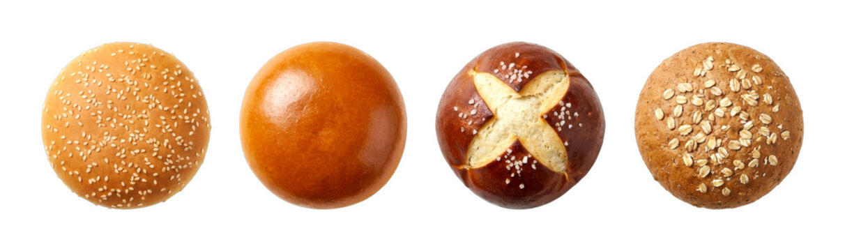 Four different types of bread rolls are neatly arranged, showcasing their unique textures and toppings, perfect for various culinary creations.