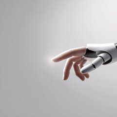 Close up robotic and human finger touch, artificial intelligence future symbolism, clean background