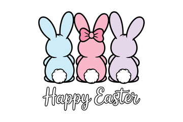 Fototapeta premium Cute Three Easter Bunnies Back View Vector Illustration with Happy Easter Text for T-shirt Design 