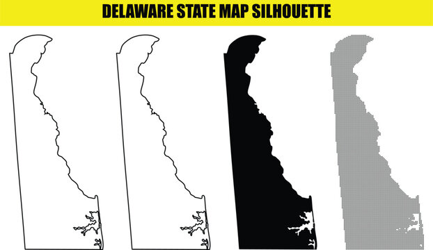 Delaware state map silhouette set with solid, outlined, black, and dotted versions for cartographic and design projects