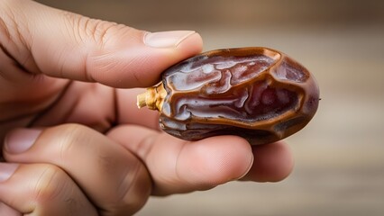 Hand holding a single brown date fruit with stem