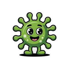 Fototapeta premium A cartoon green virus character with a smiling face and big eyes standing on a white background