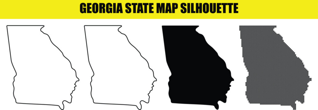 Georgia state map silhouette variants featuring outline solid black and digital halftone dot patterns for graphic artwork