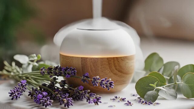 Essential oil diffuser emitting mist with lavender and eucalyptus. Aromatherapy for home wellness and relaxation. Natural vapor with a warm glow
