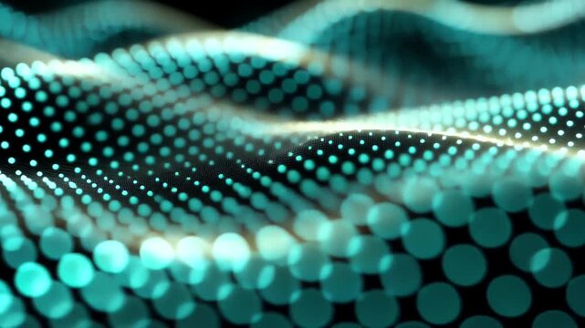 Abstract flowing wave pattern of turquoise dots on a black background