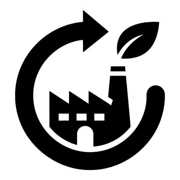 Eco-friendly factory icon featuring a silhouette of an industrial plant with a leaf in the chimney and a circular arrow. Vector symbol for sustainable manufacturing.