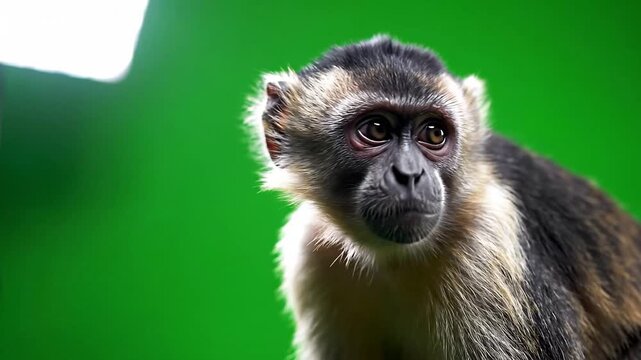A capuchin monkey faces the camera against a vibrant green screen background