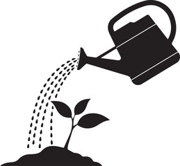 Obraz premium Watering can pouring water on plant sprout silhouette vector illustration for garden design