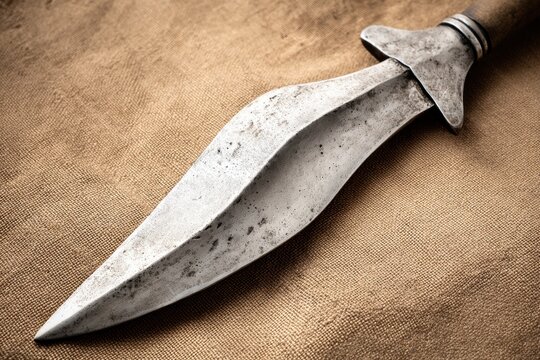 Kujang blade displayed on a textured wooden cloth, showcasing its distinctive shape and craftsmanship, highlighting the blade's metallic finish and intricate details