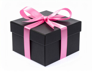 Eine Schwarze Geschenkbox mit rosa Schleife auf wei&szlig;em Hintergrund