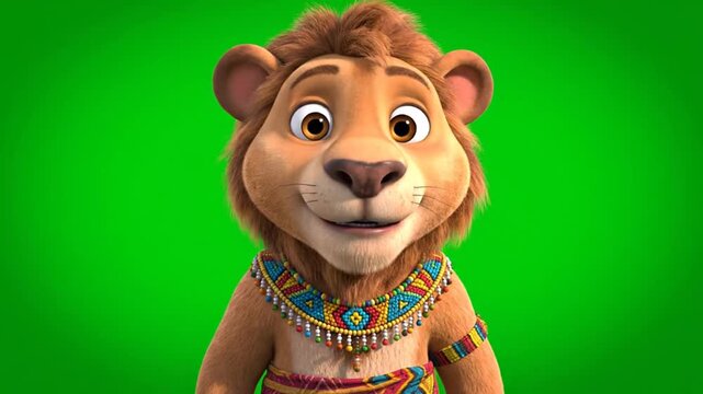 Animated lion character wearing a bead necklace and traditional attire against vibrant green background for entertainment and storytelling themes