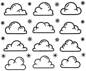 Fototapeta premium A set of cartoon clouds and snowflakes on a white background