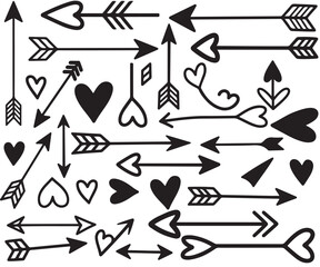 Fototapeta premium Collection of black arrows and hearts on white background