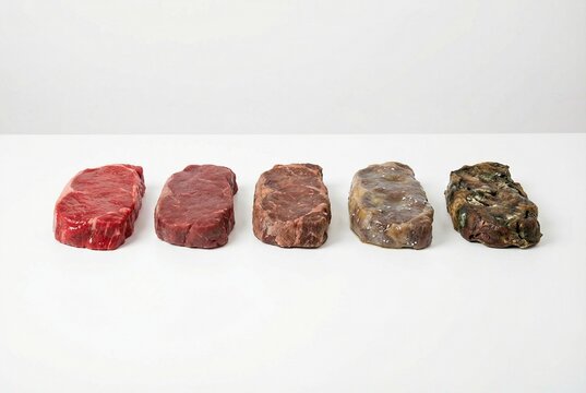 Fresh to Spoiled Beef Meat Spoilage Stages on White Background