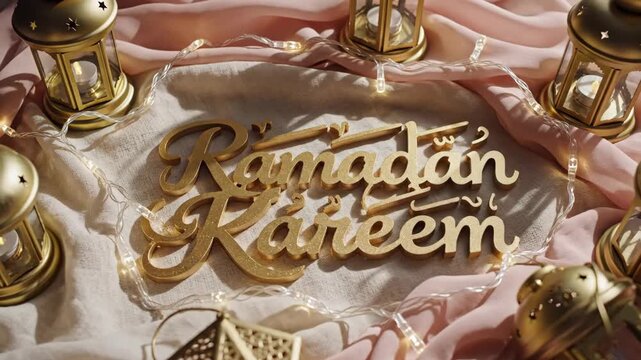 A serene Ramadan Kareem celebration setup with lanterns and decorative elements on fabric