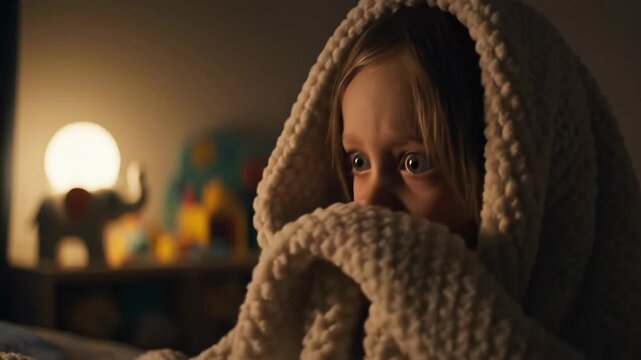A scared little girl hiding under a blanket in her bed at night. Frightened child with wide eyes watching something in the dark. Childhood fear and anxiety concept