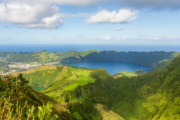 Breathtaking panoramic view from Boca do Inferno viewpoint over Sete Cidades volcanic lakes, Sao Miguel, Azores.