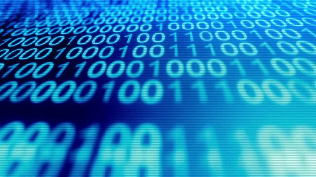 Digital binary code flowing in blue tones