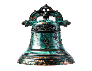 Fototapeta premium Ornate, weathered bronze bell with detailed engravings, set against black