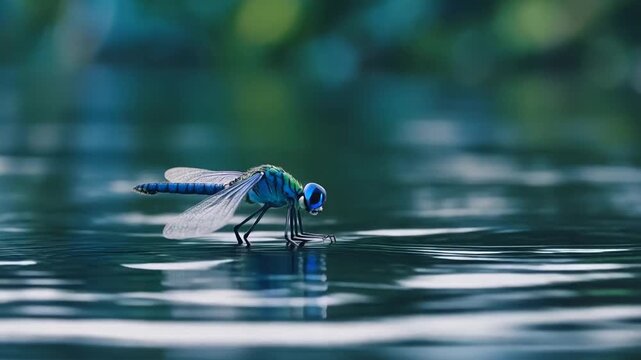 Blue dragonfly hovering over calm water with blurred greenery in background for serene nature concept
