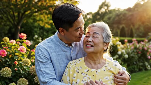 Adult Asian man hugging his elderly mother in a blooming garden. Son kissing senior mother on the cheek during golden hour. Family love and intergenerational bond concept
