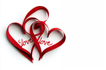 Valentine greeting card vector with "love" lettering and red heart ribbon decor, AI generated. Is paired with a red ribbon heart decoration, offering a clean romantic design for cards, invitations, an