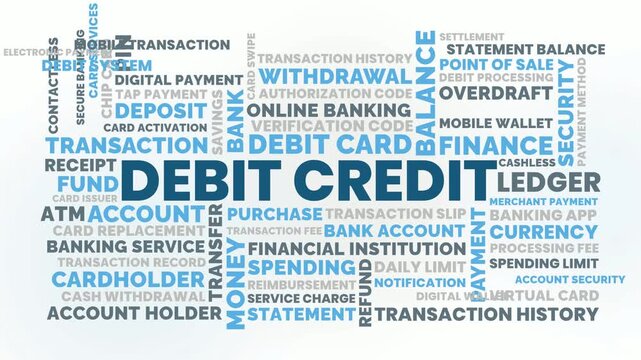 Debit Credit Transaction Word Cloud Animation for Banking Finance Payments and Account Management Systems