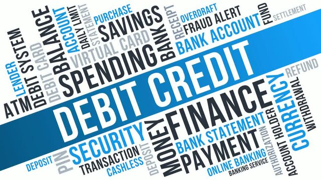 Debit Credit Banking Word Cloud Animation Showing Spending Security Payments Accounts and Digital Finance Systems