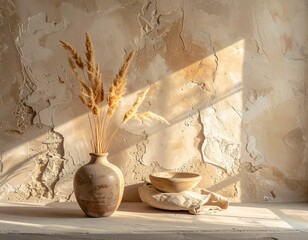 Minimalist ceramic vase with dried flowers and textured wall