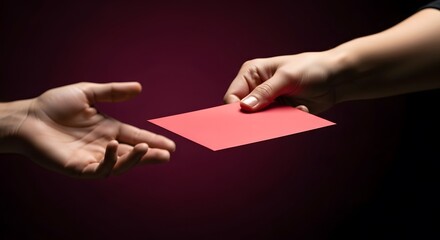 Obraz premium Hands passing red envelope gift on dark background with cinematic lighting. Chinese new year celebration tradition concept. 