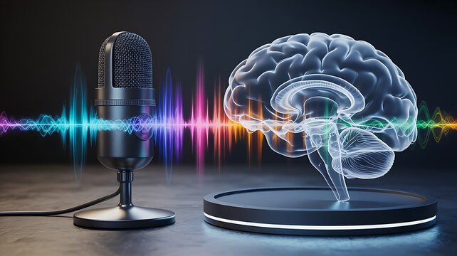 Artificial intelligence brain with microphone and sound wave concept
