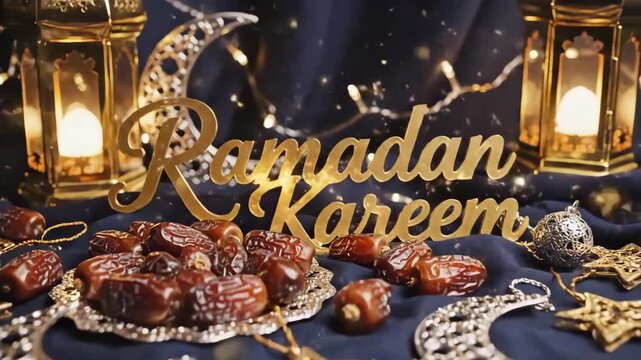 Celebrating Ramadan Kareem with dates and lanterns in a serene flat lay arrangement on a dark blue surface