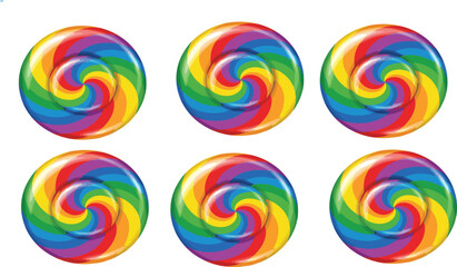 Obraz premium Colorful Rainbow Swirl Candy Lollipop Set Spiral Sweet Confectionery Isolated on White Background Vector Illustration