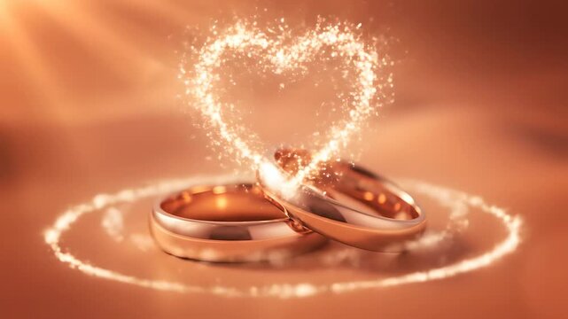 Golden wedding rings glow with a shimmering heart and magical particles, perfect for wedding invitations, anniversary videos, engagement announcements, and romantic jewelry commercials.