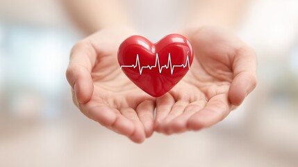 Fototapeta premium Disease heart concept with red heart and heartbeat line in human hands on soft blurred background. Cardiology care, cardiovascular health, heart disease prevention and medical awareness
