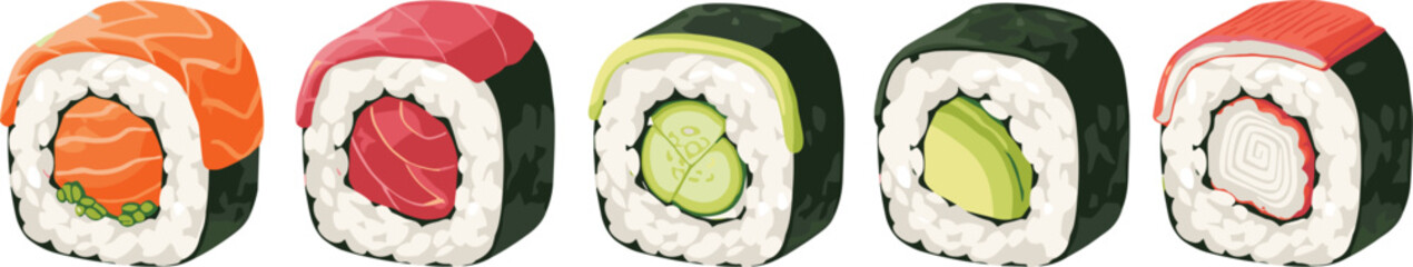 Assorted Sushi Rolls Set with Salmon Tuna Cucumber Avocado and Crab Isolated on White Background Vector Illustration © Sirajul