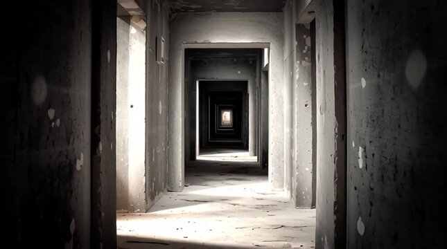 Long corridor gradually narrowing into darkness with no visible end. Minimal, moody perspective emphasizing uncertainty, depth, isolation, and psychological tension.
